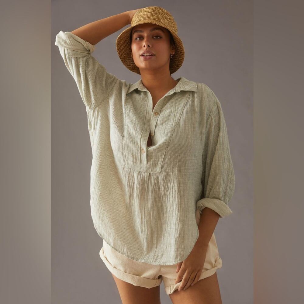 Anthropologie Peachy Stripe Cotton Popover V-neck Button Blouse Size XS